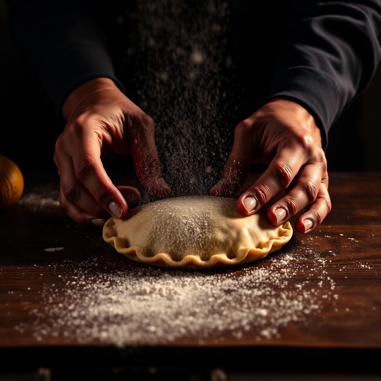Hands folding empanada dough